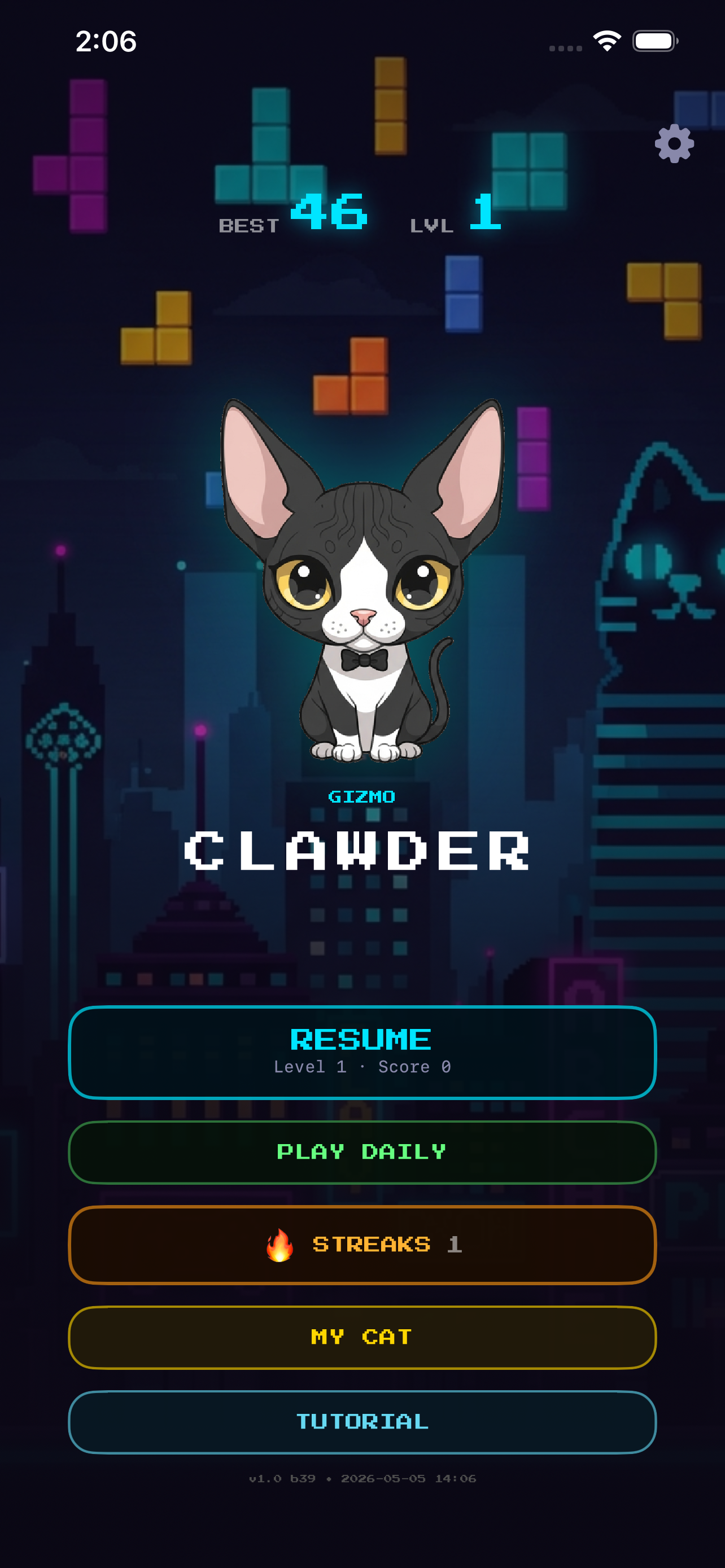 Clawder main menu — title hero with cat avatar