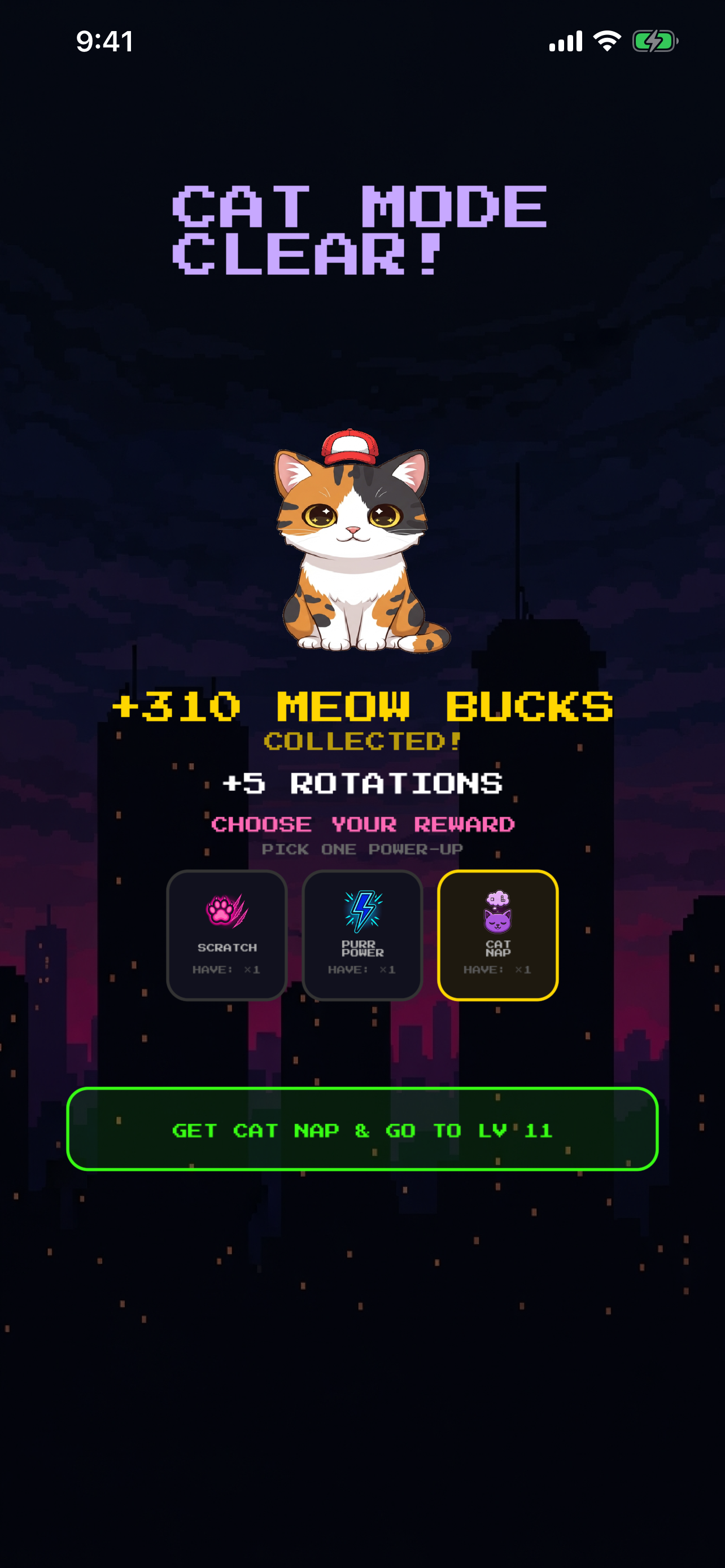 Cat Mode CLEAR! — Meow Bucks and rotation tokens awarded
