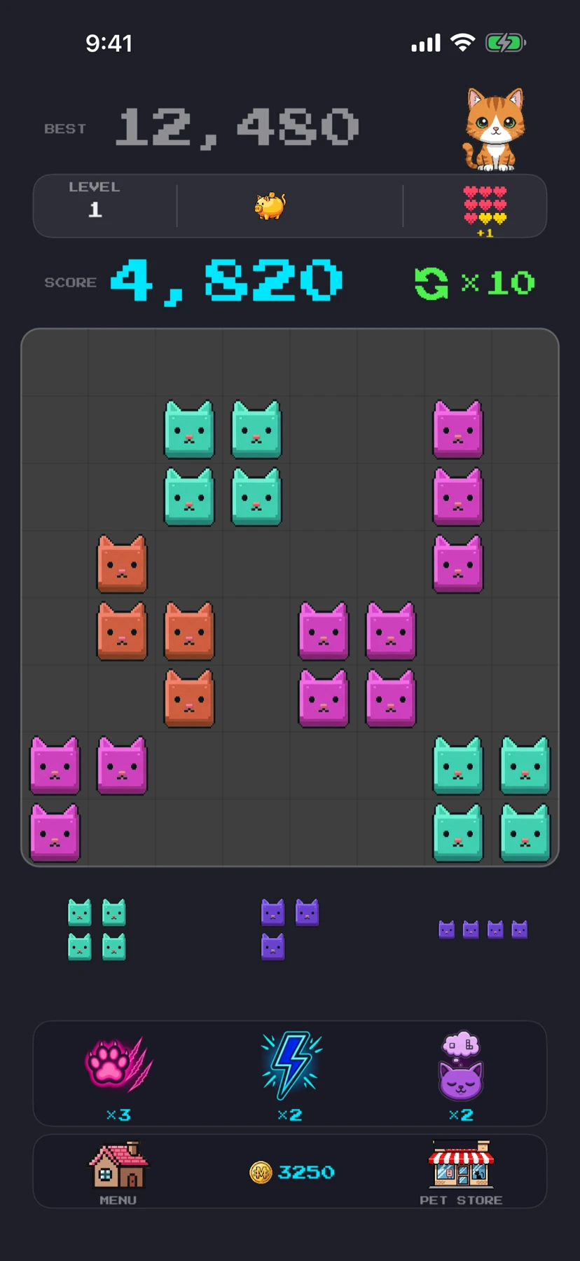 CLAWDER gameplay: pieces on the grid